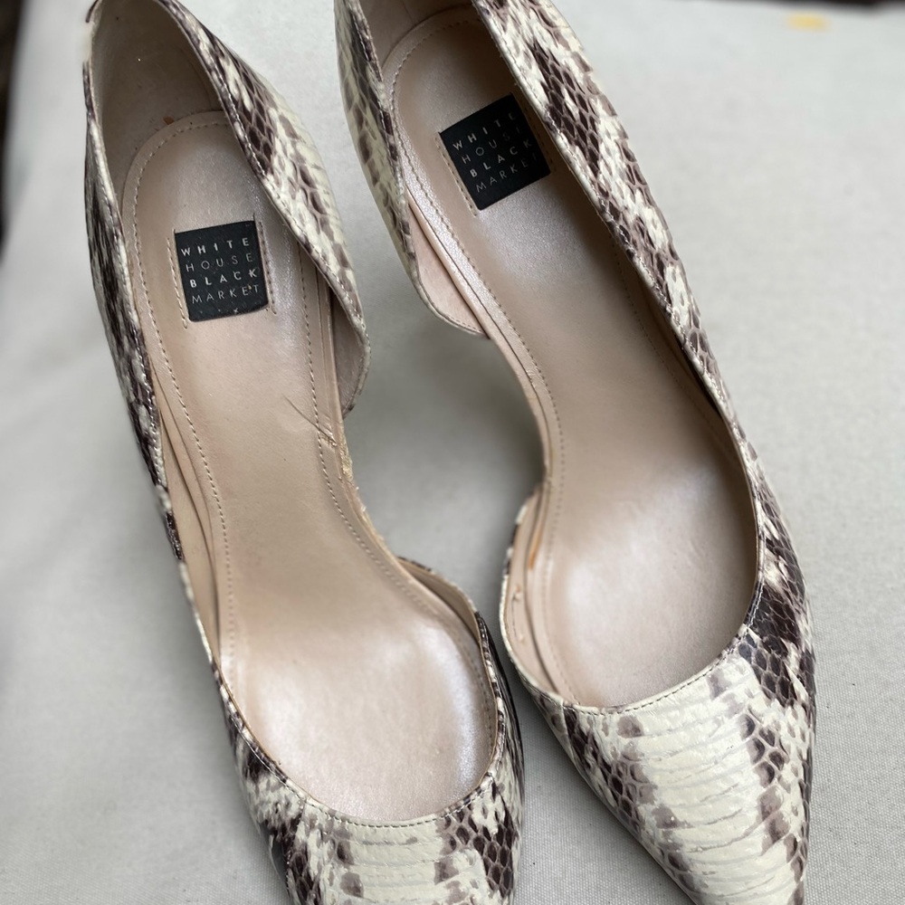 White House Black Market Cream and Brown Snake Skin Look Leather Stiletto Heels
